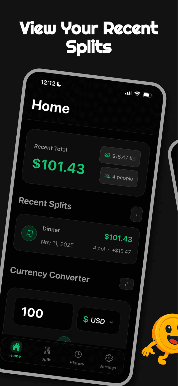 Tippy app home screen showing recent splits and currency converter