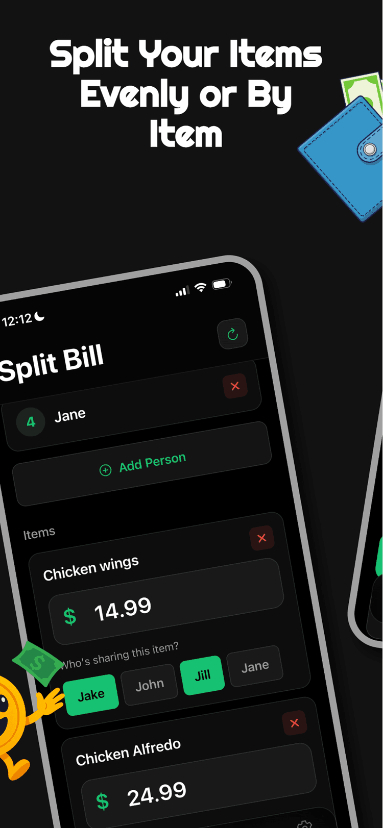 Tippy app split by item feature showing chicken wings and Chicken Alfredo