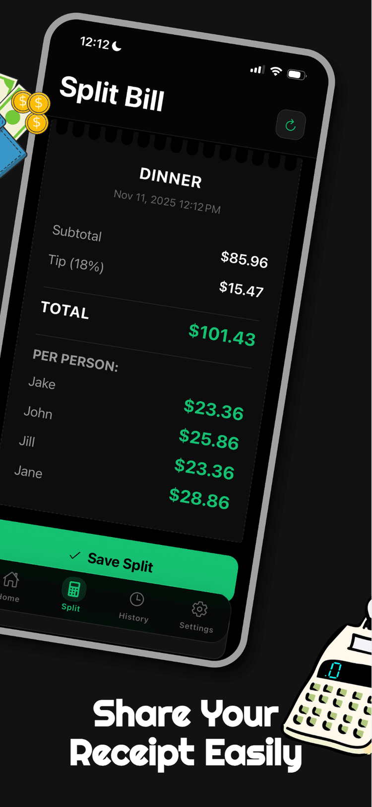 Tippy app split bill summary with per person breakdown